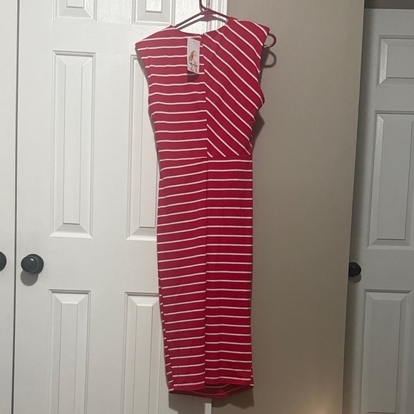 Elegant Red and White Striped Midi Dress NWT size Large - Picture 2 of 6